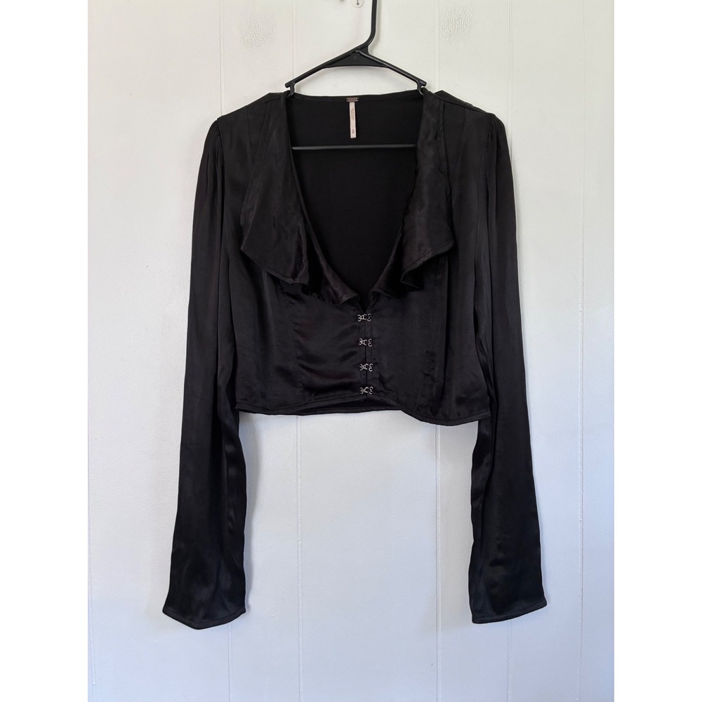 Free People Black Olivia Satin Ruffle Hook Eye Long Sleeve Crop Top Size S